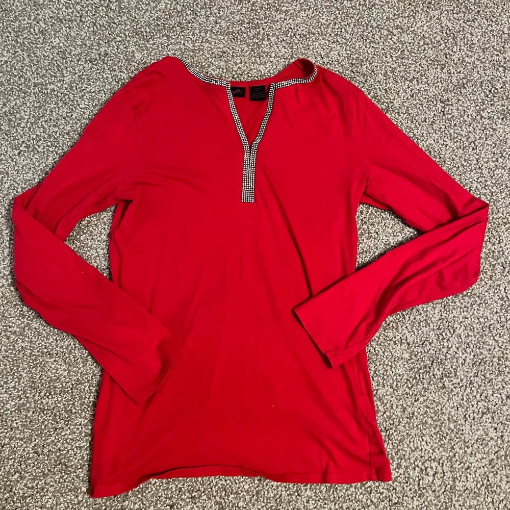 Wrangler Red Long Sleeve Women's Top with Embellished Neckline